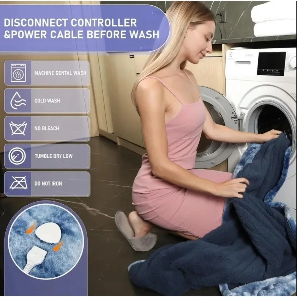 Manta eléctrica‎ calefactable azul con 10 niveles de calor y apagado automático
